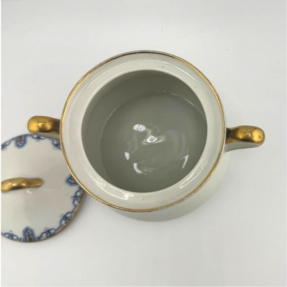 C Ahrenfeldt Limoges Made In France Sugar Bowl&Lid Double Handle Gold White Blue - Picture 7 of 7